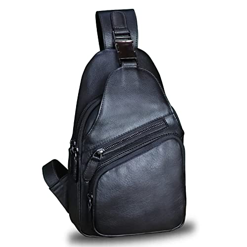 Genuine Leather Sling Bag Crossbody Purse Handmade Hiking Daypack Motorcycle Bag Retro Shoulder Backpack Vintage Chest Bag (Darkgrey) - color: Darkgrey
