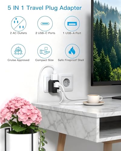 Type E/F Europe Travel Plug Adapter, HANYCONY US to Germany France Spain South Korea Iceland, 5-in-1 European Power Adapter for Greece Norway Russia Portugal & More, 2 Outlets 3 USB Ports(2 USB C) - style: Type E/F - Germany France(Black)