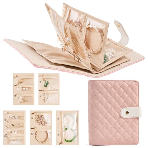 Travel Jewelry Case Organizer PU Leather Jewelry Storage Book Ring Binder with Zipper Velvet Jewelry Pouches Bags for Rings,Necklace,Bracelet - Pink - color: Pink_quilted Diamond Pattern