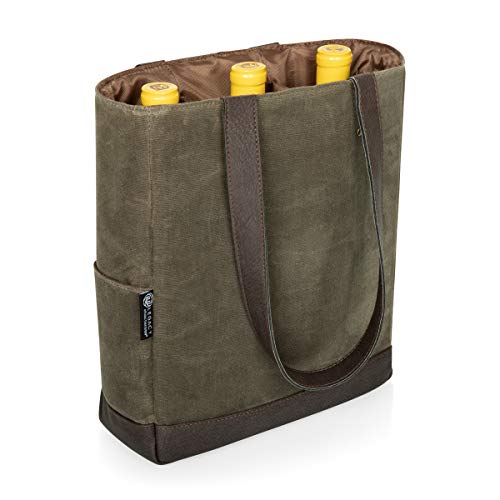 PICNIC TIME 2 and 3 Bottle Insulated Wine Bag, Distressed Waxed Canvas Wine Tote, Durable Bottle Carrier Bag for Gifts and Travel with Side Pockets & Removable Divider (Khaki Green with Brown Accents) - style: 3 Bottle