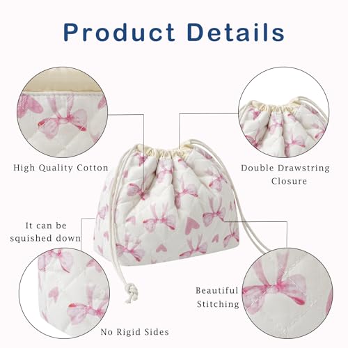 uekeboag Cotton Quilted Drawstring Makeup Bag with Canvas Lining,Coquette Aesthetic Cute Travel Toiletry Bag,Drawstring Gift Bag for Women and Girls（14Heart Bow） - color: 14Heart Bow
