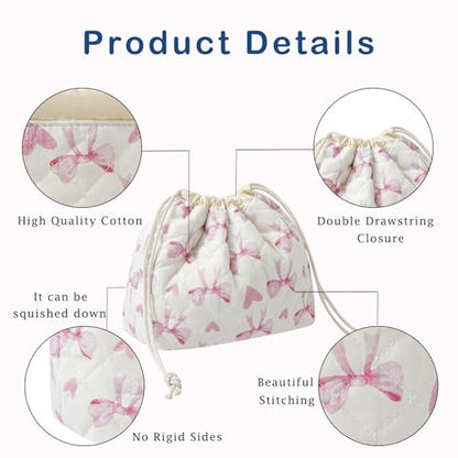 uekeboag Cotton Quilted Drawstring Makeup Bag with Canvas Lining,Coquette Aesthetic Cute Travel Toiletry Bag,Drawstring Gift Bag for Women and Girls（14Heart Bow） - color: 14Heart Bow