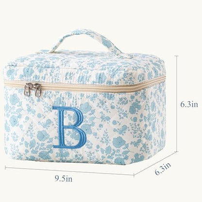 HBselect Initial Quilted Makeup Bag, Cotton Large Travel Makeup Bag, Cute Floral Coquette Make up Bag Cosmetic Bag Toiletry Bag for Women Girls B - color: 1Pc Large Blueflower, style: B