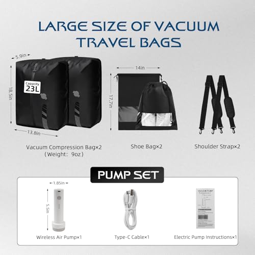 Vacuum Travel Bags With Pump,Vacuum Seal Bags For Clothing Travel,Ip67 Waterproof Vacuum Bags For Travel,Compression Packing Cubes With Suitcase, Luggage,Backpack (2pcs + Pump+Shoe Bags)
