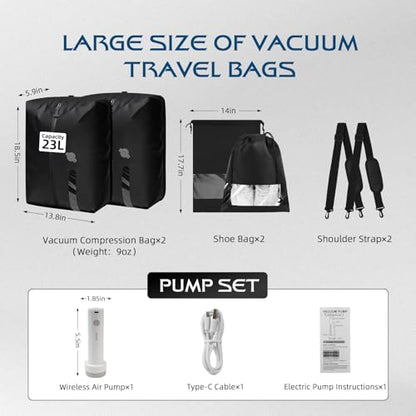 Vacuum Travel Bags With Pump,Vacuum Seal Bags For Clothing Travel,Ip67 Waterproof Vacuum Bags For Travel,Compression Packing Cubes With Suitcase, Luggage,Backpack (2pcs + Pump+Shoe Bags)