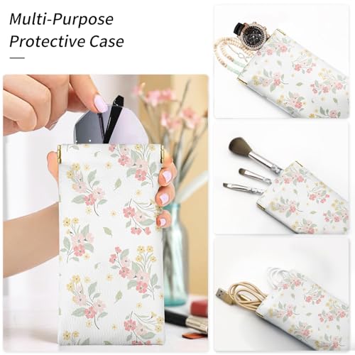 Glasses Case Soft, Eyeglass Cases for Women Portable Squeeze Top PU Leather 2 Pack Glasses Pouch with Cleaning Cloth - color: 2pcs Flower Print