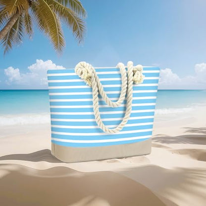 Fokongna Tote Bag For Women, Beach Bag Best Friend Travel Birthday Gifts, Travel Parties Vacation Shopping Essentials - color: Blue White Stripes
