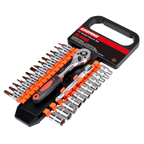 Egofine 28pcs 1/4 Inch Ratchet Socket Wrench Set, Drive Socket Set with 12 Sockets and 14 Bit Socket Set, with Extension Bars - size: 1/4, style: 28PC Standard Socket Set