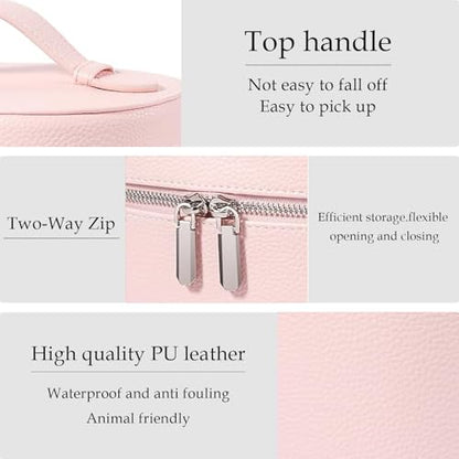 Leather Make Up Bags With Compartments, Pink Travel Cosmetic Bags for Women, Parallel Makeup Travel Bags Organizer Equipped With a Detachable Divider - color: pink