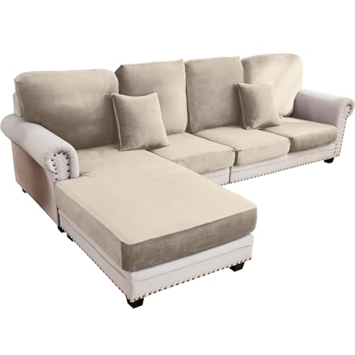 Couch Cover 4-Piece Elastic Velvet Couch Cushion Covers & Chaise Slipcovers for L-Shaped Sofas - Sofa Seat Covers Washable, Soft Protector for Couches (3 Seater + Chaise, Taupe) - color: Taupe, size: 3 Seater + Chaise
