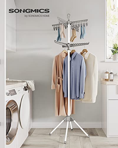 SONGMICS 2-Tier Clothes Drying Rack, 72-Inch Folding Laundry Drying Rack with 3 Rotatable Arms for Hangers, 24 Clips, Stainless Steel, for 27 Pieces of Clothes, Gray and White ULLR512G01 - color: Gray + White, style: 2-Tier-Clip