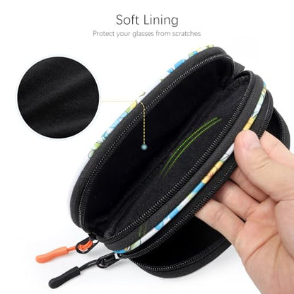 Double Eyeglasses Case Soft Portable Zipper Sunglasses Pouch with Keychain Clip for Men Women - color: Blue Flower