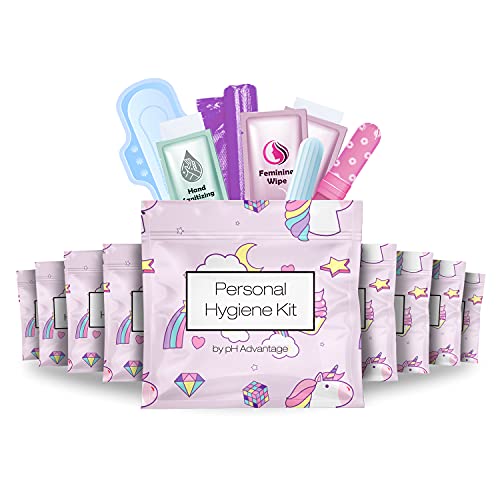 Menstrual Kit All-in-One 10 Pack | Convenience on The Go | Period Kit Pack for Travelling, Tweens & Teenager | Individually Wrapped Feminine Hygiene Product (Rainbows and Unicorns) - color: Rainbows and Unicorns