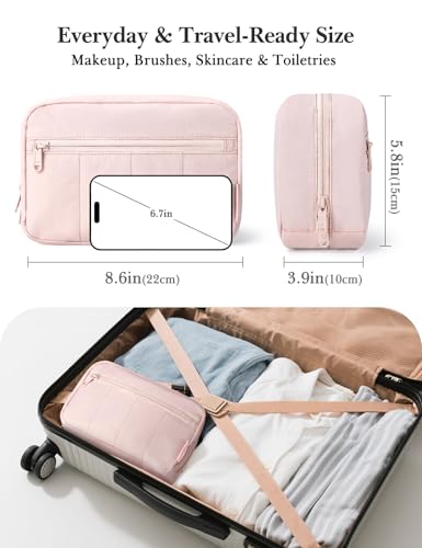 Noozion Makeup Bag Travel Toiletry Bag, Puffy Padded Cosmetic Bag for Women, Makeup Organizer Case, Wide-open Pouch Purse, Travel Essentials - color: Pink