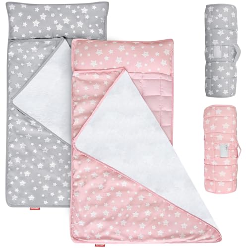Toddler Nap Mat 2 Pack, Nap Mat for Kids Preschool, Daycare and Fleece Minky Blanket, Lightweight, Soft, Gray and Pink - color: Gray and Pink (Pack of 2)