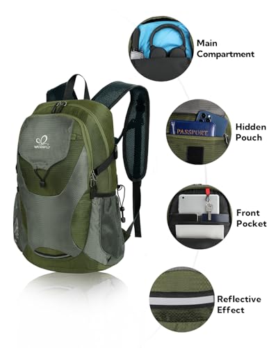 WATERFLY Lightweight Packable Hiking Backpack: 30L Foldable Travel Daypack Ultralight Camping Day Pack for Woman Man - color: Army Green