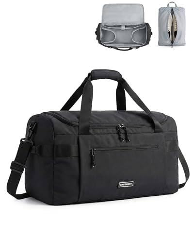 BAGSMART Travel Duffel Bags with Dividers, 32L Gym Duffle Bag with Laptop Compartment, Carry On Weekender Overnight Bag, Shoe Bag, PVC Wet Pocket, Black - color: Black