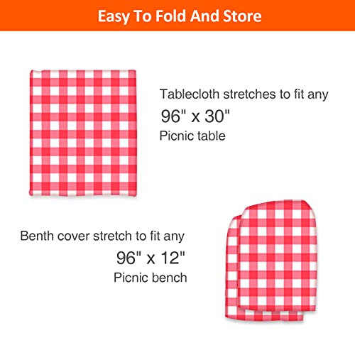 8ft Picnic Table and Bench Cover, Camping Essentials RV Gear, 96 in Waterproof Windproof Outdoor Elastic All Around Tablecloth, Fitted Rectangle Tables and Seats, Red-White Checkered - color: Red-white Checkered, size: 96"