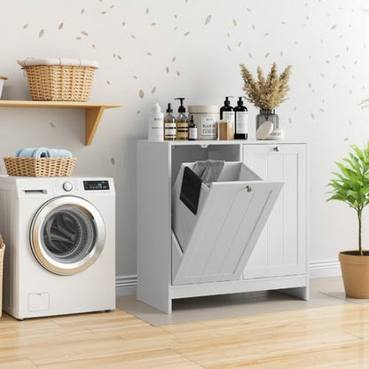 Double Tilt-Out Laundry Hamper Cabinet, Modern Hidden Laundry Hamper with 2 Removable Baskets, Free-Standing Bathroom Storage Cabinet, Anti-tiltdevice, (26.8" Tall White)