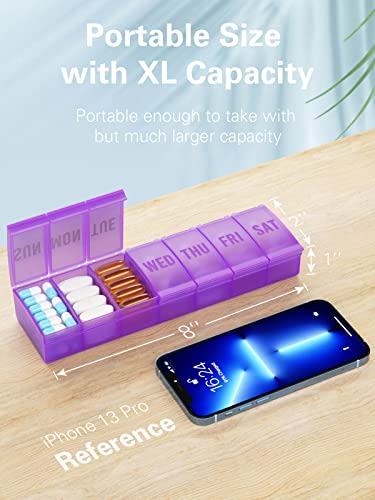 Large Pill Organizer Weekly, Barhon Vitamin Case Box Large Capacity Compartments, 7 Day Pill Containers for Medicine Supplements Fish Oil - color: Purple