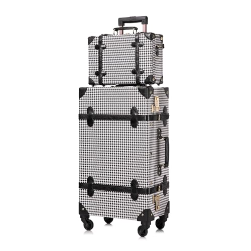UNIWALKER Vintage Suitcase Set for Women, 2 Piece Retro Spinner Trunk Luggage with Cosmetic Handbag (24"+12", grid) - color: grid, size: 24in+12in