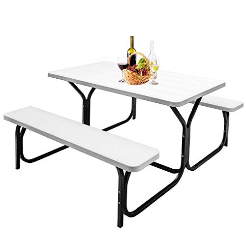 GYMAX Picnic Table, Picnic Bench Easy to Assemble w/All Weather Wood Grain Tabletop & Metal Frame, Picnic Tables for Outdoors Camping Backyard Deck Patio Poolside Dining Party - color: White