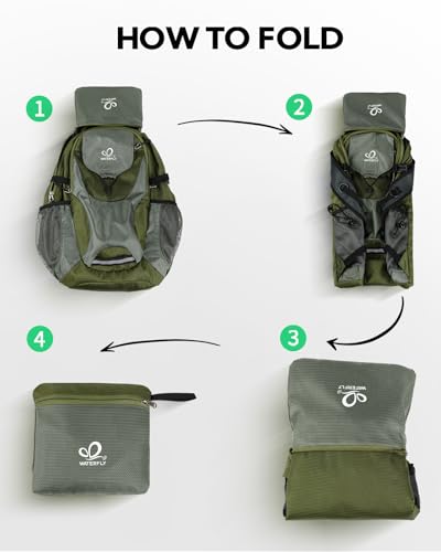 WATERFLY Lightweight Packable Hiking Backpack: 30L Foldable Travel Daypack Ultralight Camping Day Pack for Woman Man - color: Army Green