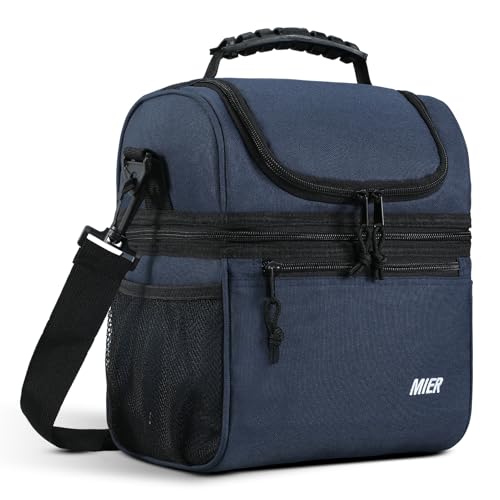MIER Insulated Lunch Box Dual Compartment Lunch Bag Leakproof Cooler for Men Women Adult Work, Navy Blue, Medium (Upgraded Extra-Tall Bottom Layer) - color: Navy, size: Medium