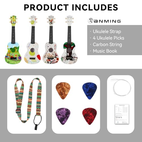 RANMING Ukulele 21 inch ukelele 4-String Ukulele Starter Kit with Strap, Picks,Carbon Strings Portable Plastic uku for Music Education Outdoor Travel Holiday Gifts Flower - color: white