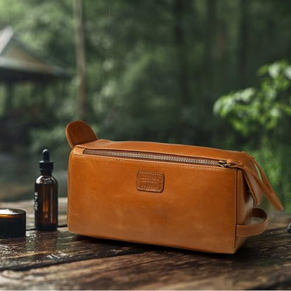 LEATHER VILLAGE Genuine Leather Travel Toiletry Bag - Water-Resistant Dopp Kit for Toiletries, Large Shaving Bag & Bathroom Organizer - Gift for Men & Women - Tan Brown - color: Sun Tan