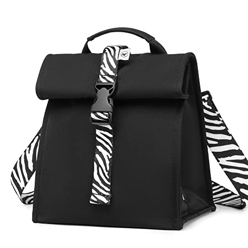 SUNNY BIRD Insulated Lunch Bag Rolltop Lunch Box Tote Bag for Women, Men, Adults and Teens (Black with white strap) - color: Black With White Strap