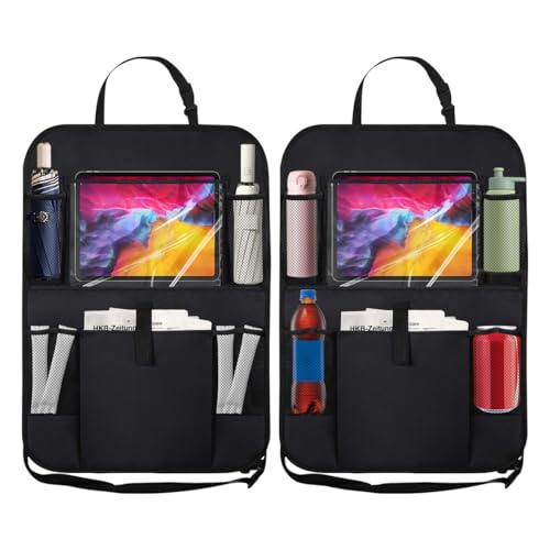 2PCS Car Backseat Organizer with Clear 10" Tablet Holder + 5 Storage Pockets - Seat Back Protector Kick Mats for Kids - Car Back Seat Storage Organizer - Road Trip Essentials Travel Accessories - color: Black