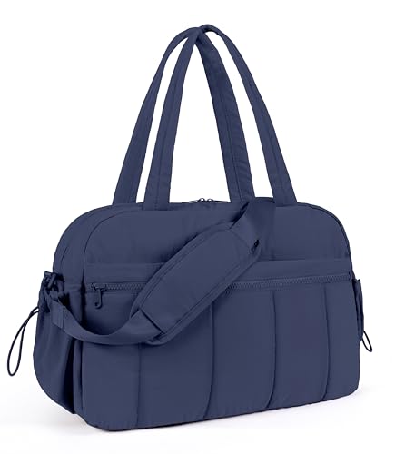 Lightweight Travel Duffle Bag for Women, Quilted Puffy Weekender with Wet Pocket for Gym, Overnight, Personal Item Carry On, Navy Blue - color: Navy Blue