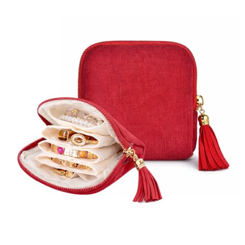 Small Travel Jewelry Pouch for Women, Compact Travel Jewelry Pouch with Layered Storage, Zippered Jewelry Travel Bag for Rings, Earrings, Bracelets, Necklaces (Classic Red) - color: Classic Red