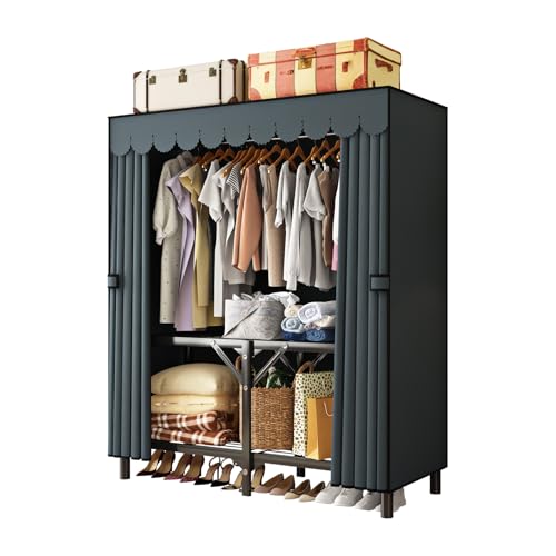 Foldable Clothes Hanger with Cover Portable Wardrobe, Metal Standing Armoire Wardrobe Clothes Rack with Gray Fabric Cover,One-Piece Folding Base,25MM Steel Tube for Bedroom - size: 39.4 x 17.7 x 66.9 inches