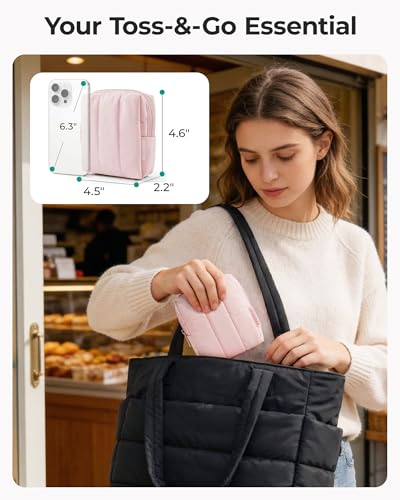 BAGSMART Small Travel Makeup Bag for Purse Toiletry Pouch, Puffy Padded Mini Cosmetics Bag, Cute Make Up Pouch for Women with Slip-in Pocket, Travel Essentials for Toiletries, Baby Pink - color: 01-Baby Pink
