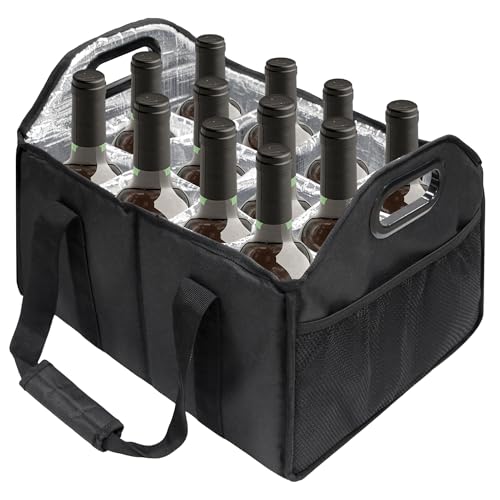 12 Bottle Wine Carrier Collapsible Bottle Caddy with Handles Storage Box for Travel Picnics Weddings Shopping Wine Tasting (Black) - color: Black