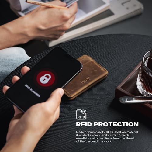 VULKIT Slim Minimalist Card Holder RFID Blocking Leather Credit Card Holder Front Pocket Wallet Magnetic Closure, Handcrafted Cowhide Version - color: Handicrafts Cowhide- Espresso