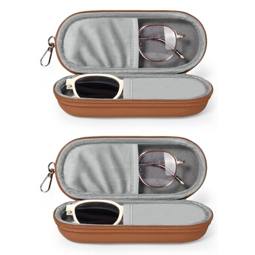 Double Eyeglasses Case, Dual Glasses Sunglasses Organizer with Zipper Closure, Eyewear Storage Box for Men Women Travel - color: Brown-2pack