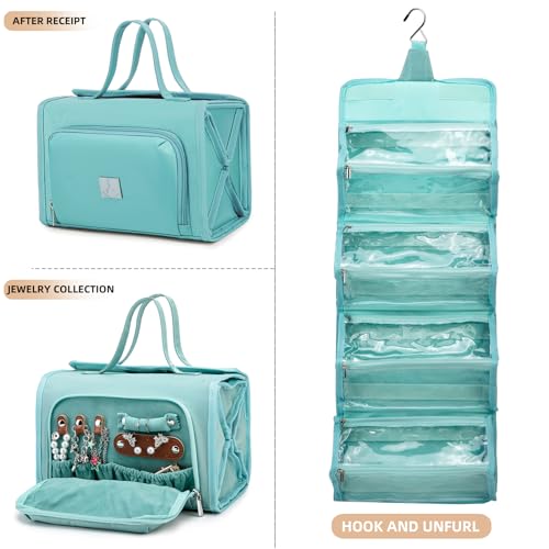 ROYALFAIR Roll Up Makeup Bag, Waterproof Toiletry Bag for Women, Hanging Travel Organizer with Jewelry Organizer Compartment, Extra Large 4 Clear TSA Approved (light blue) - color: Blue