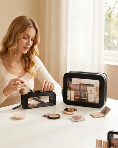 LETGO Clear Makeup Bag Set,Portable Clear Makeup Bag Waterproof Travel Makeup Brushes Bag Makeup Pouch TSA Approved Toiletry Bag Women Traveling Car Accessories for Girls(Dual Black) - color: Dual Black