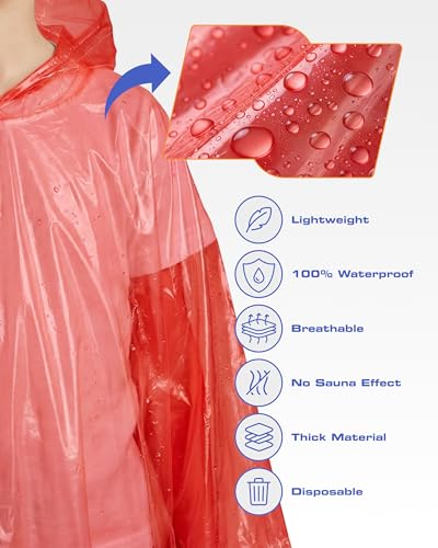 Hagon PRO Disposable Rain Ponchos for Adults (5 Pack) - color: Red (5 Pack)