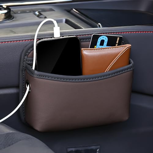 JEYODA Car Seat Side Storage Pocket, Small Organizer,PU Leather Multifunctional Console Side Organizer Bag for Phone, keys, sunglass,wallet,ect (Brown) - color: Brown
