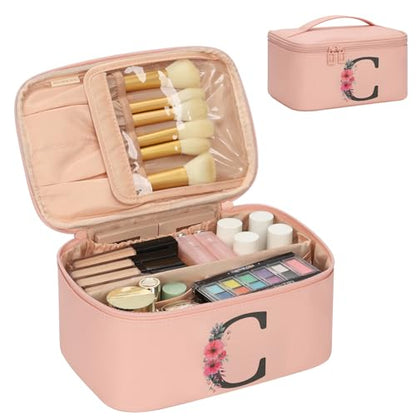 OCHEAL Initial Makeup Bag,Monogram Make up Bag Pink Travel Makeup Organizer Case Beauty Toiletry Cosmetic Bag with Brush Holder, Trendy Stuff Personalized Gifts for Women and Girls-C - color: Pink, style: C