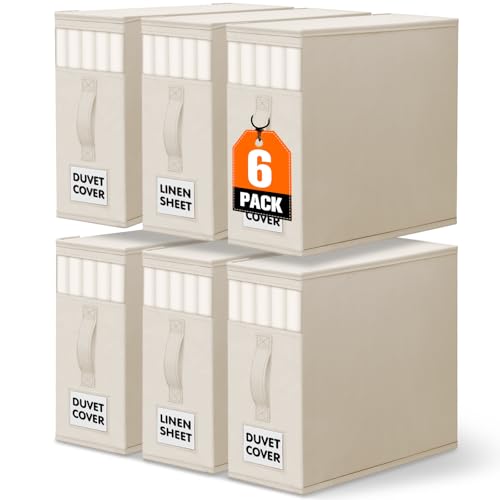 WOWBOX Sheet Organizers and Storage,Closet Bed Sheet Organizer Under Bed Storage and Organization with Label Cards & Clear Window for Bedding Sheets,Duvet Covers,Blankets (6 Pack，Beige) - color: Beige, size: 6 Pack