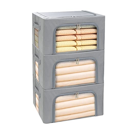 Clothes Storage Box Bins Stackable Foldable Organizer,Sturdy Handles with Metal Frame for Clothing Bedding Shelves,Closet Container with Clear Window Zipper and Label Holder (Gray, 22L x3 Pack) - color: Gray, 22L x3 Pack