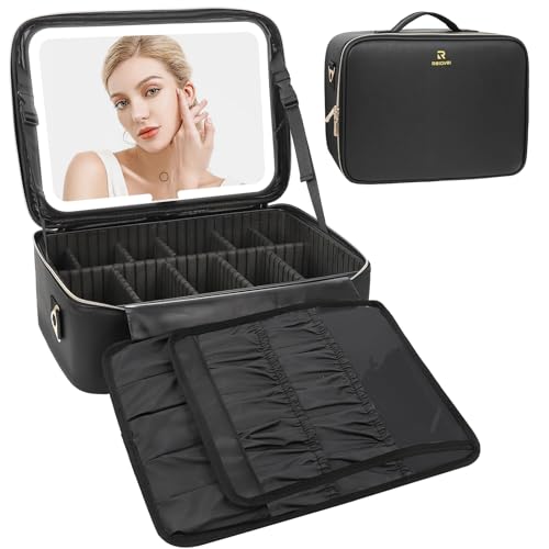 Relavel Makeup Case Large Makeup Bag with LED Mirror, Professional Train Case 16.2 inch, Travel Cosmetic Organizer Brush Holder Waterproof Makeup Artist Storage Box with Adjustable Strap - color: with led mirror black, size: Large