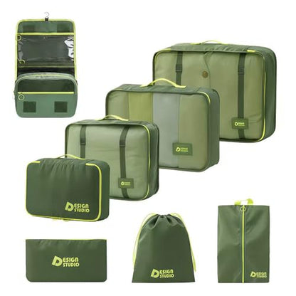 8-Piece Expandable Packing Cubes Set, Manual Zip Compression Travel Organizer with Hanging Toiletry Bag, Water Resistant Thick Fabric Clothing Storage Pouches for Carry-On & Checked Luggage (Green)