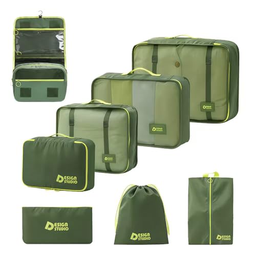 8-Piece Expandable Packing Cubes Set, Manual Zip Compression Travel Organizer with Hanging Toiletry Bag, Water Resistant Thick Fabric Clothing Storage Pouches for Carry-On & Checked Luggage (Green)