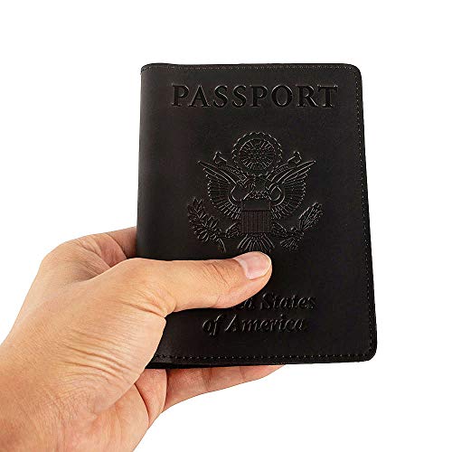 Genuine Leather Passport Holder Travel Wallet RFID Passport Cover Case for Women Men (Black) - color: Black